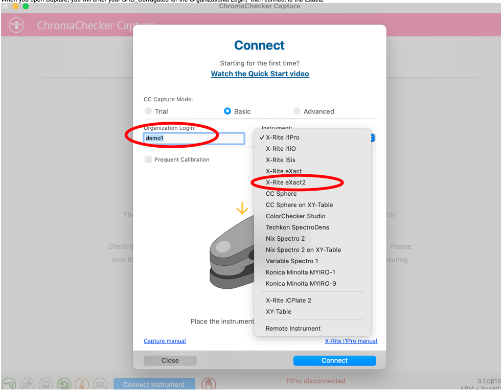 CC Capture — Connect dialog with instrument list