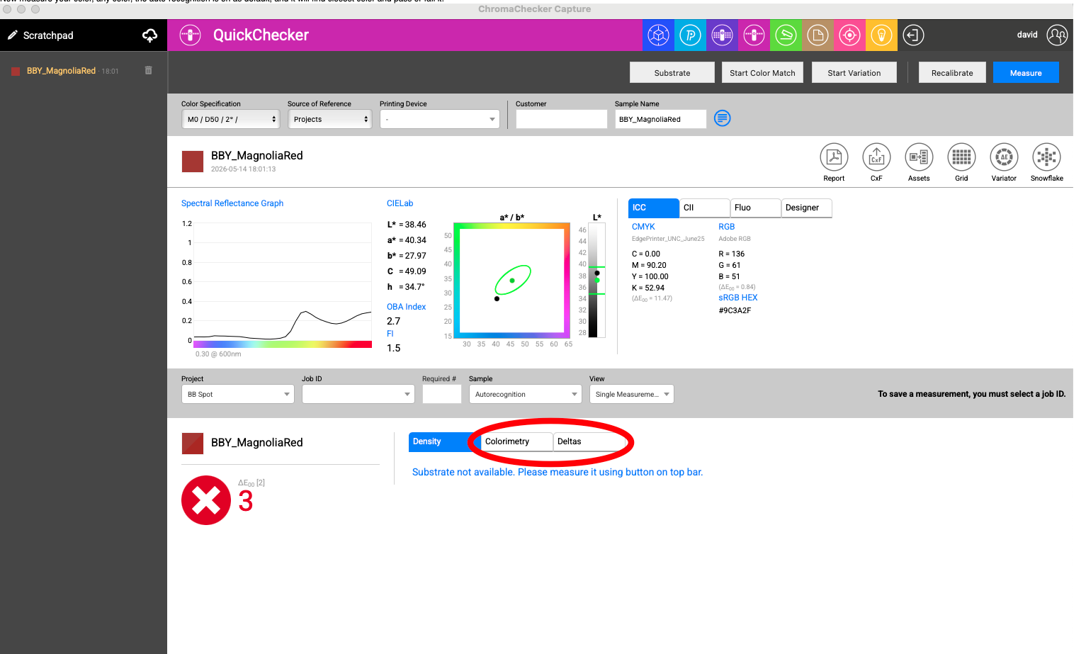 QuickChecker — measurement result for BBY_MagnoliaRed showing ΔE₀₀ = 3 (fail)