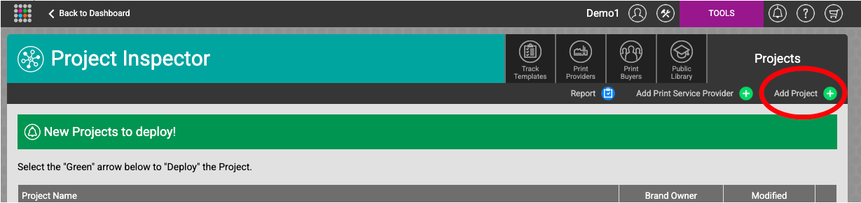 Project Inspector — Add Project button