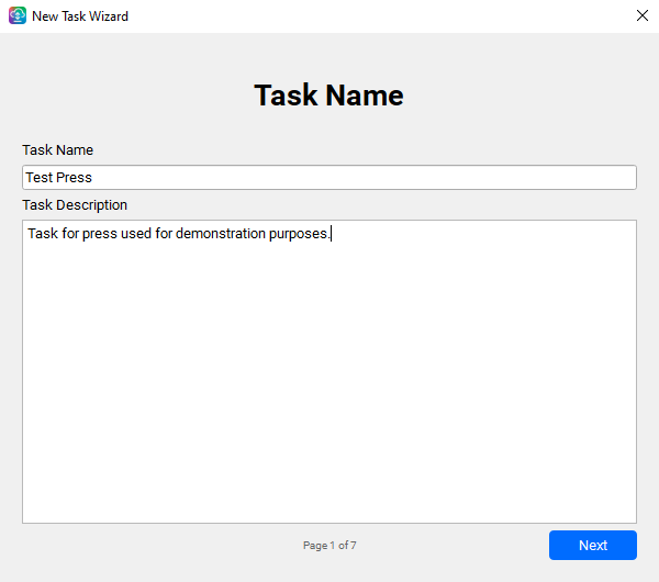 Task Wizard — Task Name page with Name and Description fields